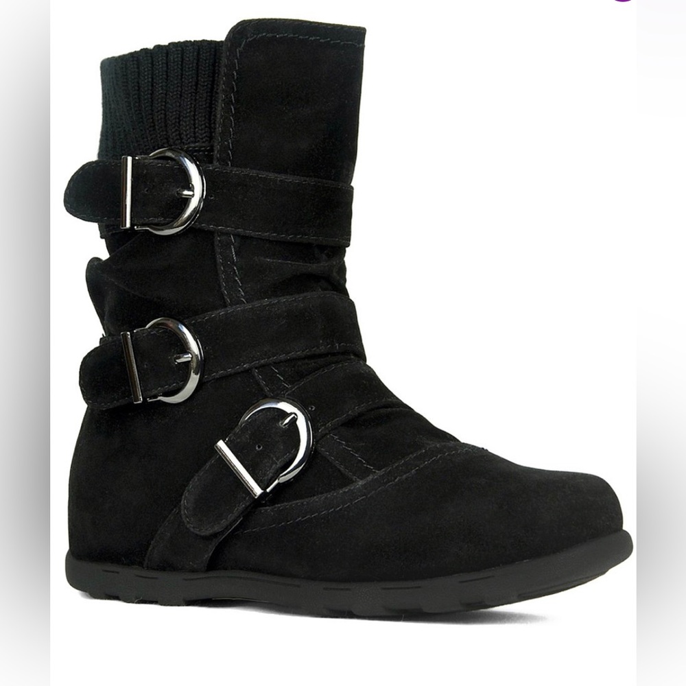 Black 3 Buckle Faux Suede Women’s Moto Boot Size 6 Inner 1/2 Zip for ease.
